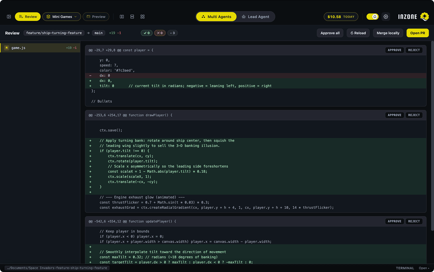 Diff review interface with side-by-side comparison