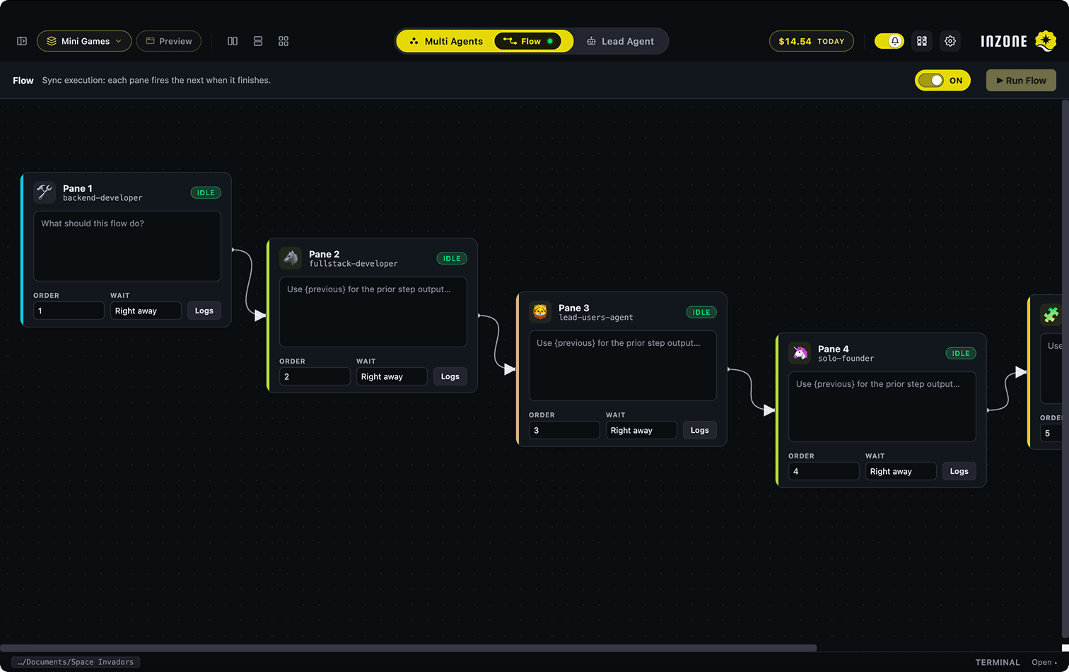 Flow canvas showing agent pipeline workflow