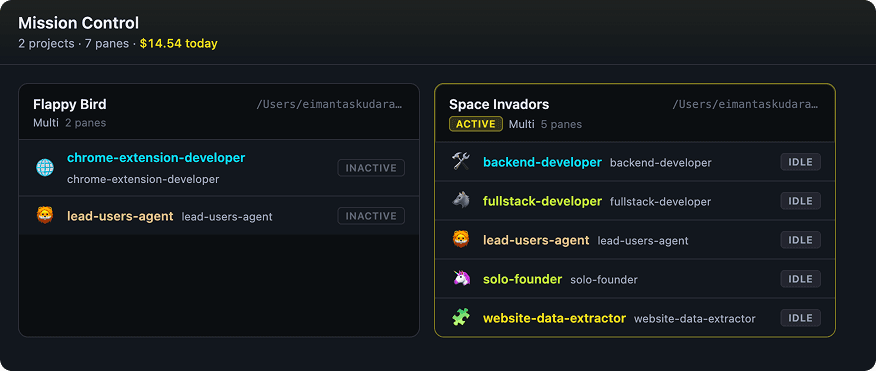 Mission Control showing all projects and agents