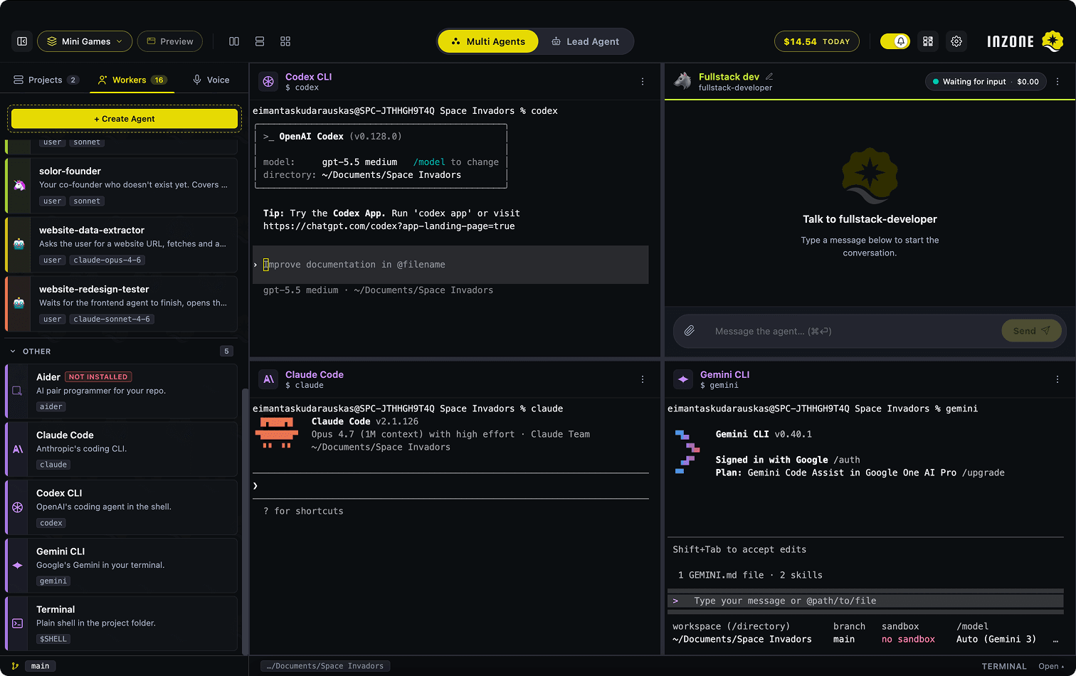 Workers tab showing agents and CLI tools